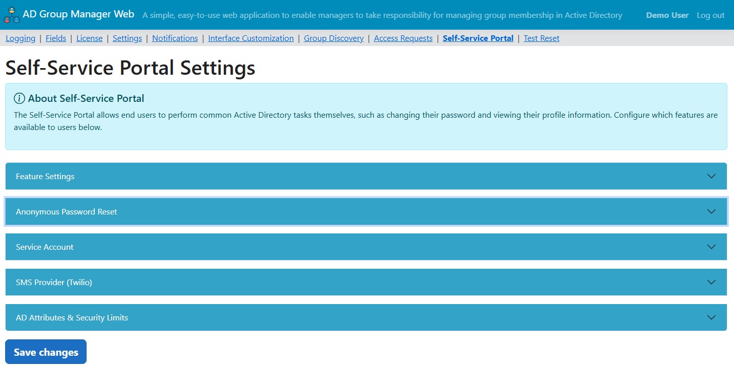 Self-Service Portal admin settings page
