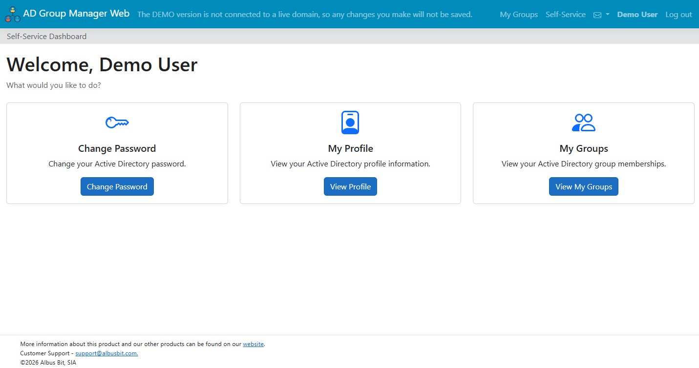 Self-Service Portal user dashboard