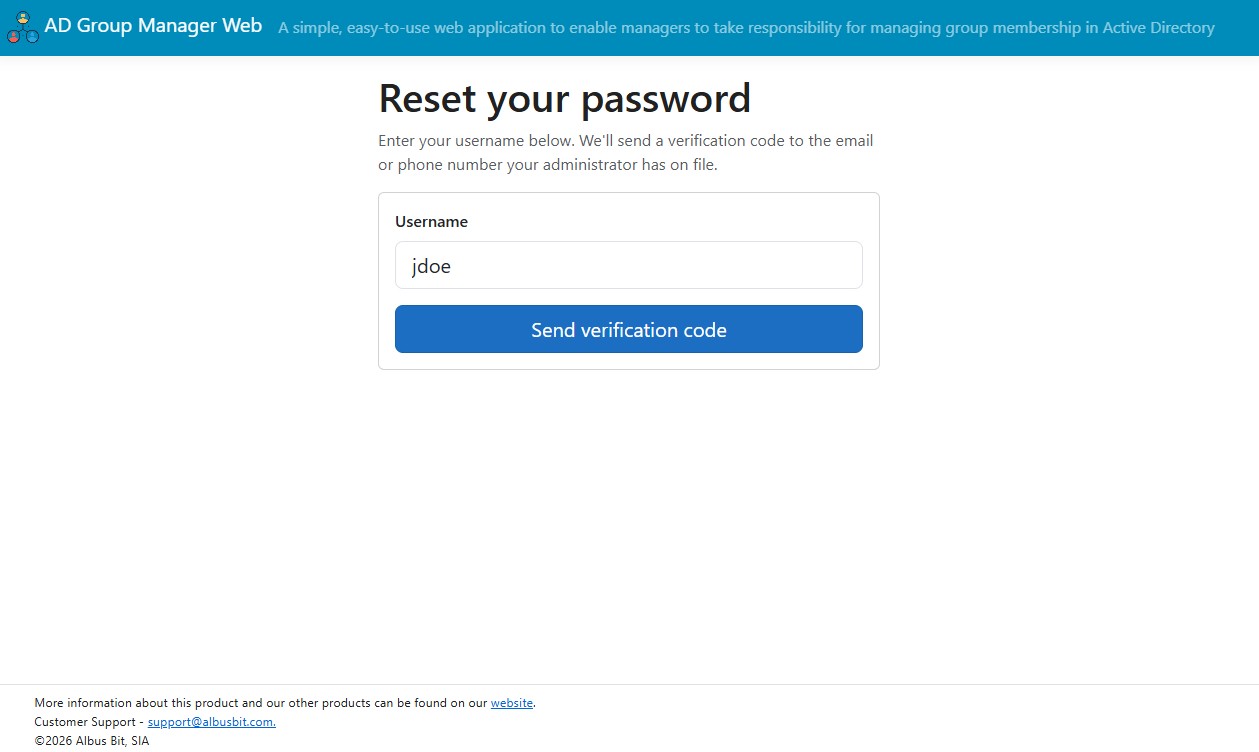 Self-Service Portal password reset start page