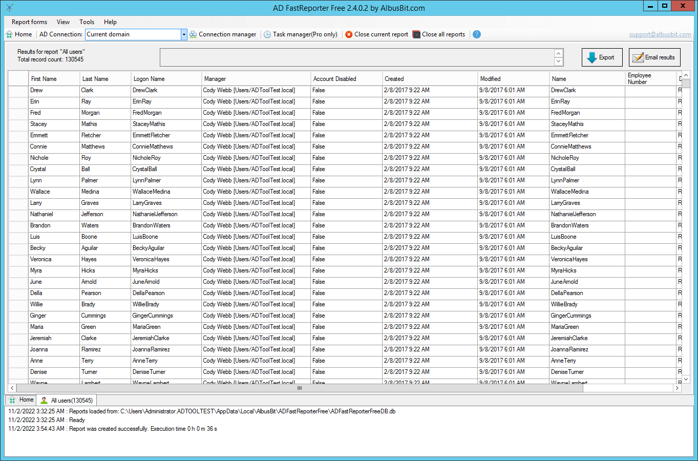 Active Directory report results