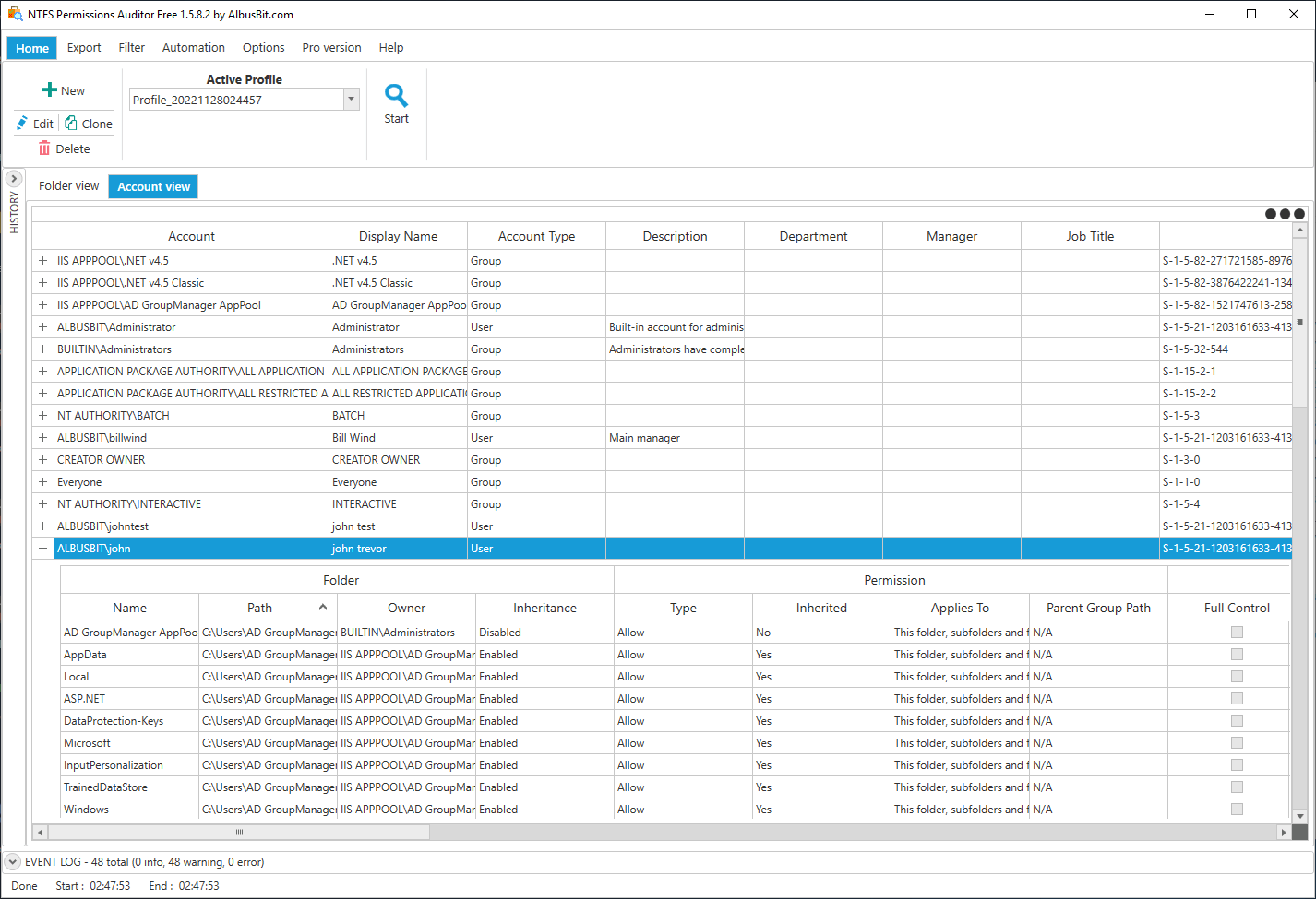 NTFS audit results account view