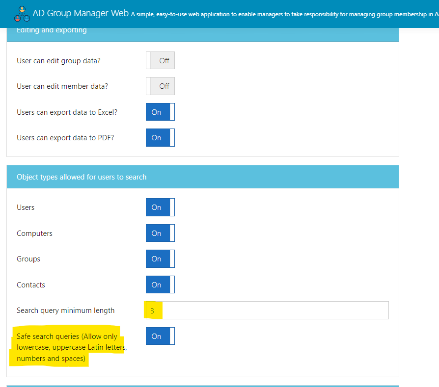 Safe search settings