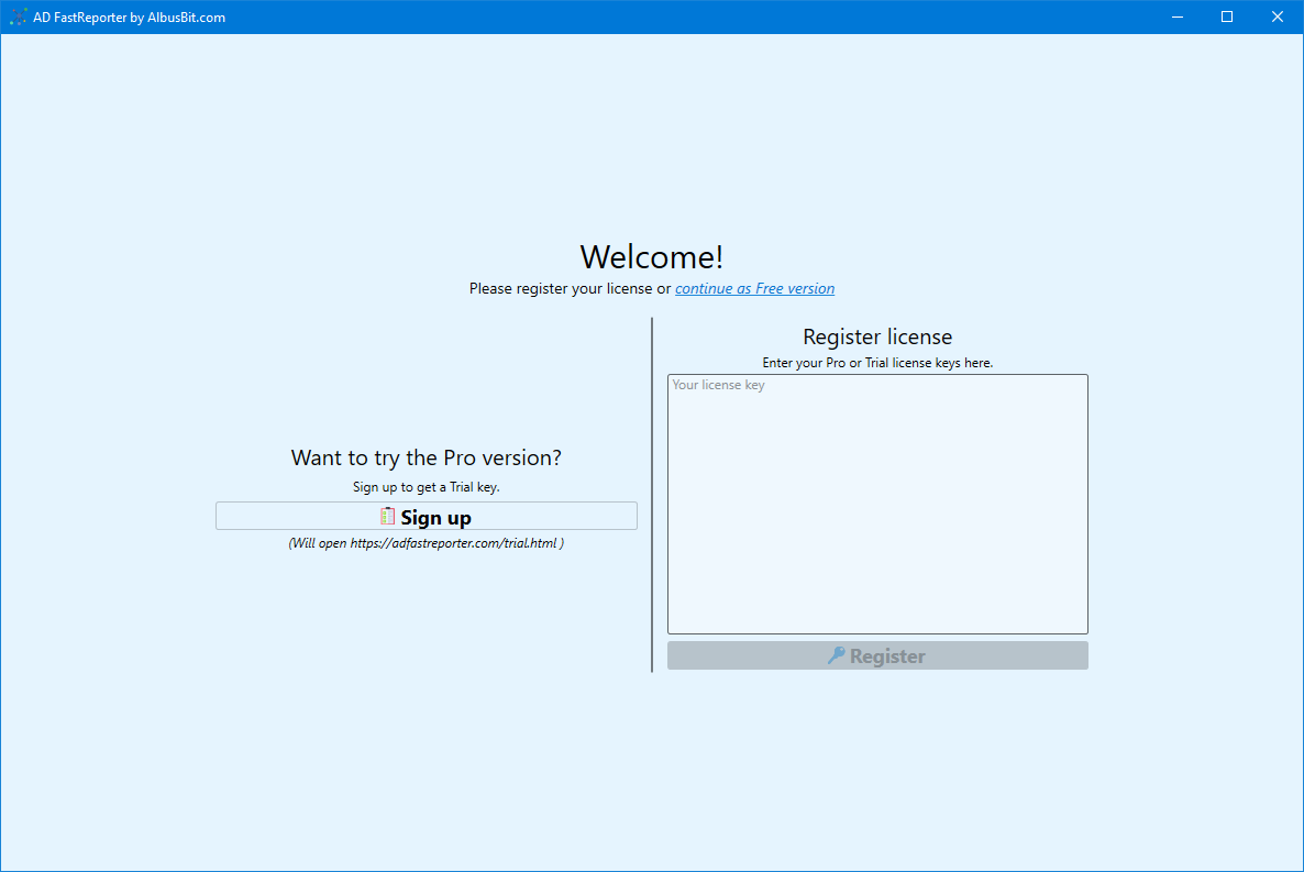 Screenshot of first launch screen