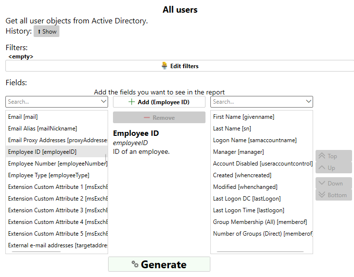 Screenshot of report customization interface