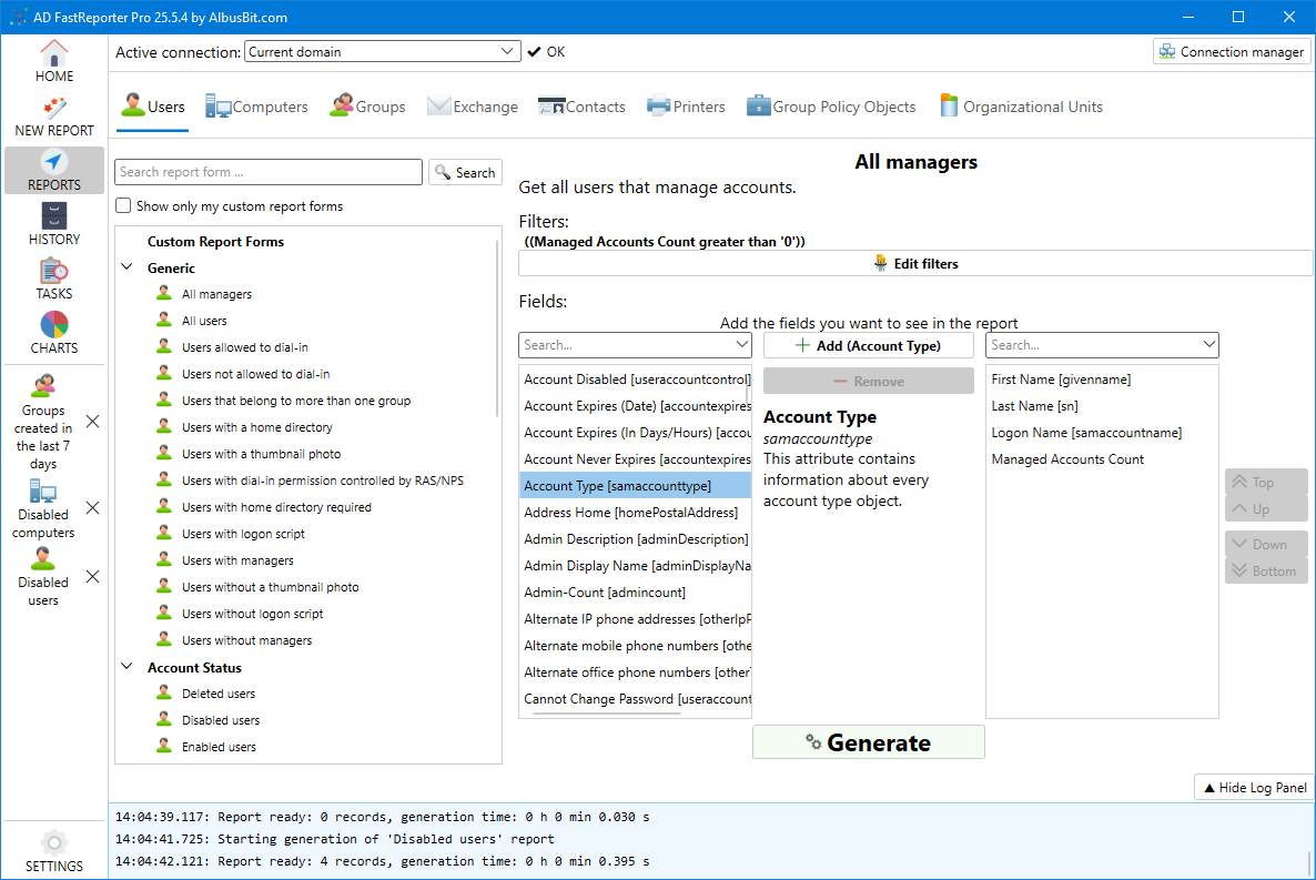 Screenshot of the Reports interface