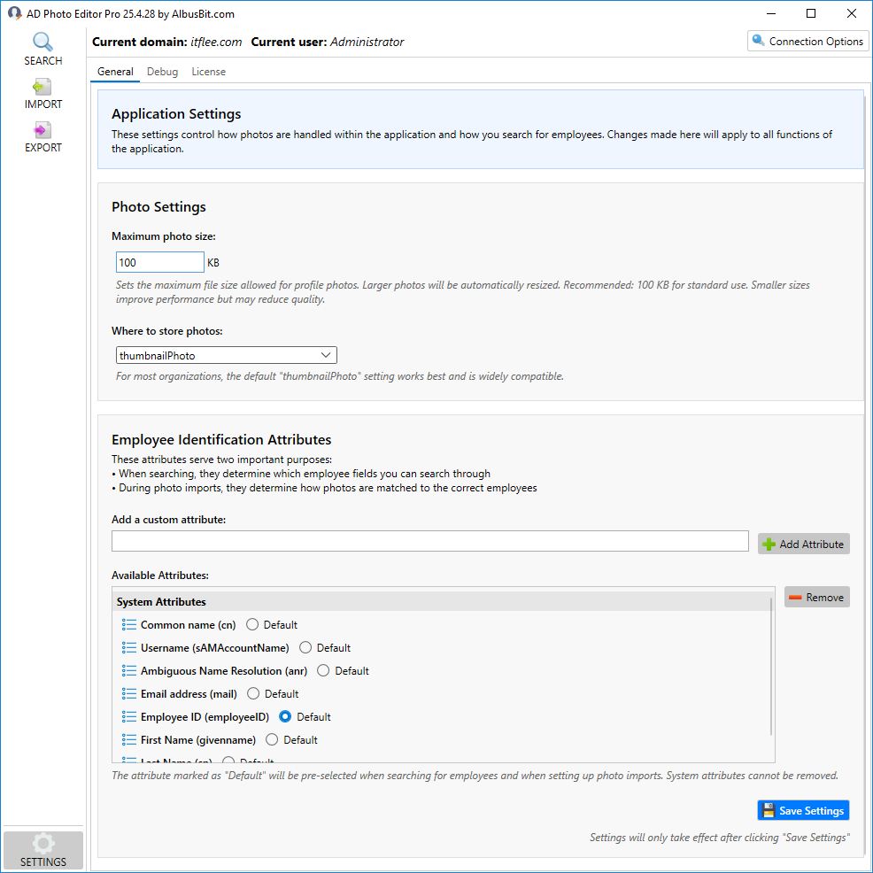 Screenshot of the Settings UI