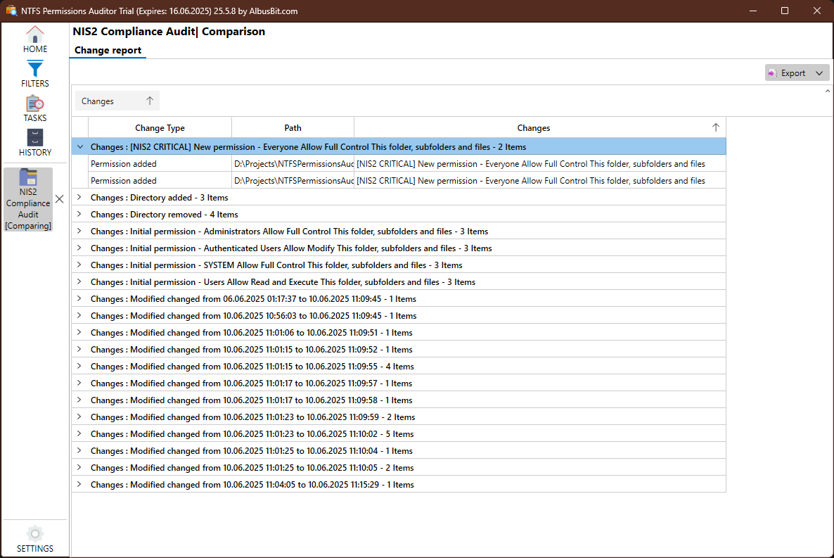 Report comparison showing permission changes