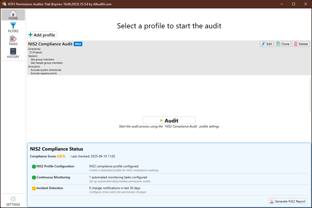 NIS2 Compliance Dashboard showing compliance score, metrics, and recommendations