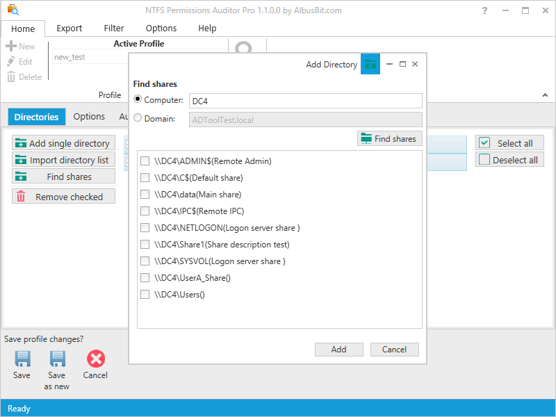 NTFS Permissions Auditor discover shares on file servers